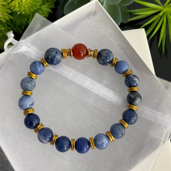 Hematite Gold Plated Sodalite & Carnelian Beaded Bracelet - Picture 2 of 4
